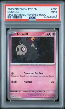 2025 POKEMON PRE EN-PRISMATIC EVOLUTIONS MASTER BALL REVERSE HOLO DUSKULL PSA 9 - Image 1