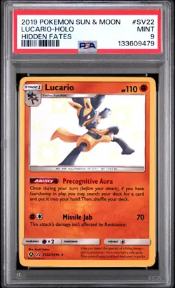 2019 POKEMON SUN & MOON HIDDEN FATES #SV22 LUCARIO-HOLO PSA 9 - Image 1