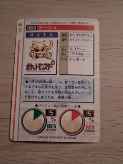 JAPANESE POKEMON ABRA No.063 CARDDASS RED 1996 - Image 2