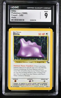 CGC 9 MINT Ditto 3/62 Fossil Holo Pokemon Card - Image 1