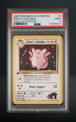 Pokemon 1st Edition ERIKA'S CLEFABLE Gym Heroes 2000 HOLO PSA 9 MINT 3/132 - Image 1