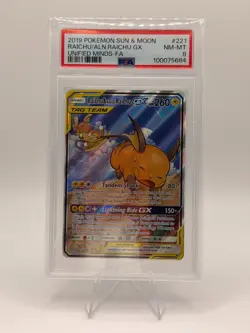 2019 Pokemon Raichu & Alolan Raichu GX #221 Full Art Holo PSA 8 - Image 1