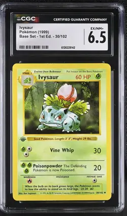 CGC 6.5 Ivysaur 30/102 Base Set 1st Edition Shadowless Pokemon Card - Image 1