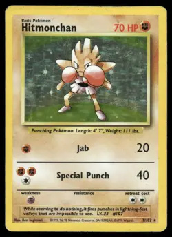 Pokemon Cards Hitmonchan 7/102 Holo Base Set Unlimited Holo WOTC Rare LP *2 - Image 1
