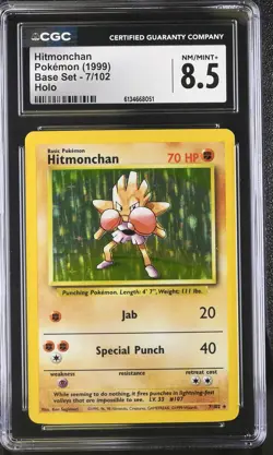 CGC 8.5 NM/MINT+ Hitmonchan 7/102 Base Set Holo Pokemon Card - Image 1