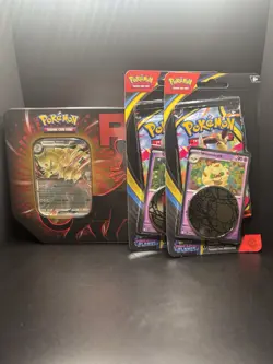 Pokemon TCG Team Rocket Tin with 5 Booster Packs & 2 Sealed Checklane Blisters - Image 1