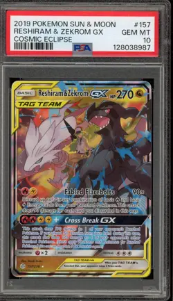 Pokemon Reshiram & Zekrom GX Cosmic Eclipse Holo Ultra Rare #157 PSA 10 Gem Mint - Image 1