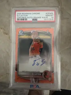 2025 Bowman DJ Layton 1st Bowman Orange Refractor Auto /25 Orioles, PSA 10 POP 1 - Image 1