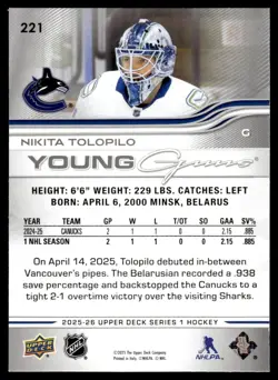 2025-26 Upper Deck Young Guns Series 1 Nikita Tolopilo Rookie Vancouver Canucks - Image 2