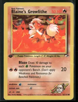 Blaine's Growlithe 62/132 Common Gym Heroes Pokemon 1st Edition MP - Image 1