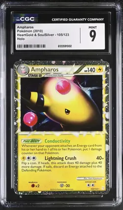 CGC 9 MINT Ampharos 2010 HeartGold & SoulSilver 105/123 Holo Pokemon Card - Image 1