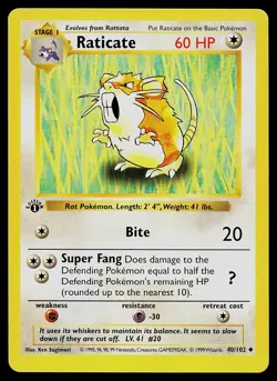 Pokemon Card - Raticate Base Set Shadowless 40/102 1st Edition Uncommon - Image 1