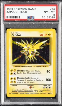 1999 POKEMON BASE SET UNLIMITED #16 ZAPDOS-HOLO PSA 8 - Image 1