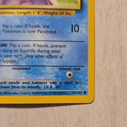 Pokemon TCG Squirtle 063/102 Base Set Common Basic Regular 1999 English Card - Image 3