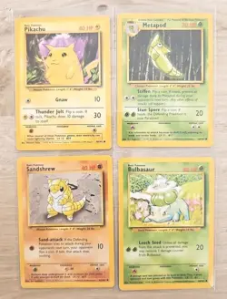1999 Pokemon Cards Lot Of 4 Base Set Pikachu Bulbasaur Metapod Sandshrew Vintage - Image 1