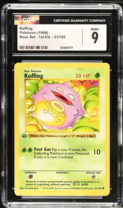 CGC 9 MINT Koffing 51/102 1st Edition Shadowless Base Set Pokemon Card - Image 1