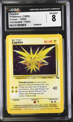 CGC 8 NM/MINT Zapdos 15/62 Fossil Corrected Holo Pokemon Card - Image 1