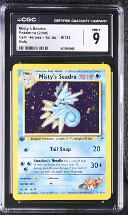 CGC 9 MINT Misty's Seadra 9/132 Gym Heroes 1st Edition Holo Pokemon Card - Image 1
