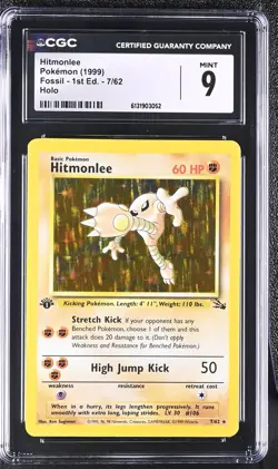 CGC 9 MINT Hitmonlee 7/62 Fossil 1st Edition Holo Pokemon Card - Image 1