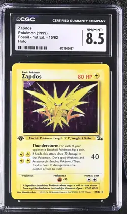 CGC 8.5 NM/MINT+ Zapdos 15/62 Fossil 1st Edition Holo Pokemon Card - Image 1