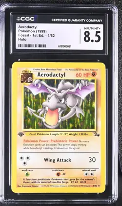 CGC 8.5 NM/MINT+ Aerodactyl 1/62 Fossil 1st Edition Holo Pokemon Card - Image 1