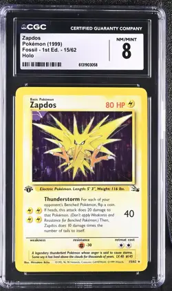 CGC 8 NM/MINT Zapdos 15/62 Fossil 1st Edition Holo Pokemon Card - Image 1