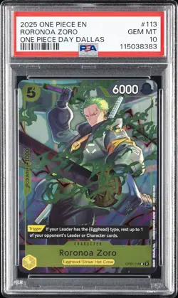 2025 ONE PIECE PROMOS ONE PIECE DAY DALLAS #113 RORONOA ZORO PSA 10 - Image 1