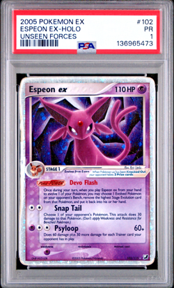 HUGE SWIRL PSA 1 2005 Pokemon EX Unseen Forces Espeon EX Holo Foil 102/115 - Image 1