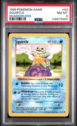 1999 vintage POKEMON Base Set SHADOWLESS SQUIRTLE PSA 8 NM-MINT #63/102 Common - Image 1
