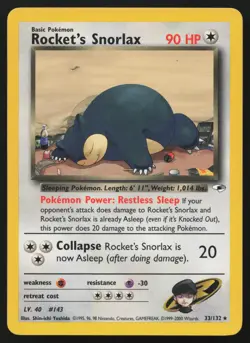 Rocket's Snorlax 33/132 Unlimited Rare Gym Heroes Pokemon English HP - Image 1
