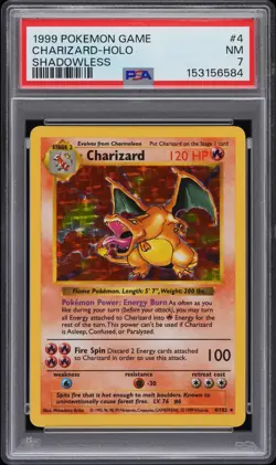 1999 POKEMON GAME SHADOWLESS #4 CHARIZARD-HOLO PSA 7 - Image 1