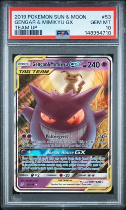 2019 POKEMON SUN & MOON TEAM UP #53 GENGAR & MIMIKYU GX PSA 10 - Image 1