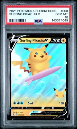 2021 POKEMON CELEBRATIONS #008 SURFING PIKACHU V PSA 10 - Image 1