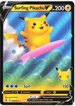 Surfing Pikachu V 008/025 Holo V Rare Celebrations Pokemon - Image 1