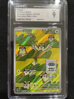 MINT 9 Pidgey 207/197 SV03 Obsidian Flames Illustration Rare Holo Pokemon - Image 1