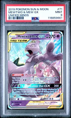 2019 POKEMON SUN & MOON UNIFIED MINDS #71 MEWTWO & MEW GX PSA 9 - Image 1