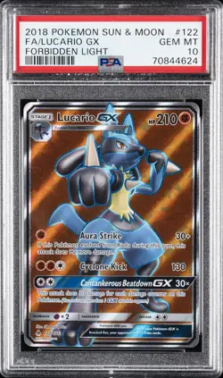 2018 POKEMON SUN & MOON FORBIDDEN LIGHT #122 FULL ART/LUCARIO GX PSA 10 - Image 1