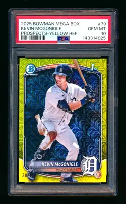 2025 BOWMAN CHROME KEVIN MCGONIGLE RC YELLOW MEGA REFRACTOR #38/75 PSA 10! POP 4 - Image 1