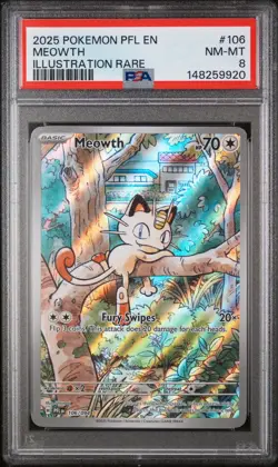 2025 Pokemon Pfl En-Phantasmal Flames #106 Meowth Illustration Rare PSA 8 - Image 1