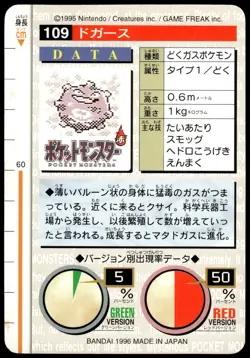 Koffing #109 Green 1996 JPN Bandai Carddass Vending Pokemon [NM] (1) - Image 2