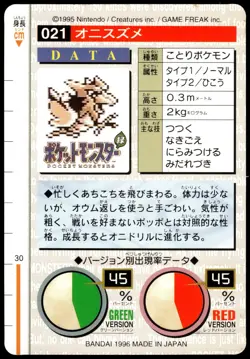 Spearow #021 Green 1996 JPN Bandai Carddass Vending Pokemon [NM] (1) - Image 2