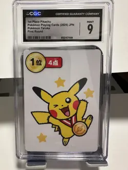 CGC 9 Pikachu 1st Place Taruka Playing Card (2025 JPN) First Round Pokemon Promo - Image 1