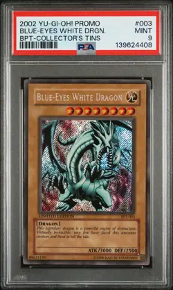2002 YU-GI-OH! PROMO BPT-COLLECTOR'S TINS #003 BLUE-EYES WHITE DRAGON PSA 9 - Image 1