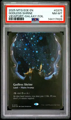 2025 MTG EDGE OF ETERNITIES VIEWPORT BORDERLESS-GALAXY FOIL GODLESS SHRINE PSA 8 - Image 1