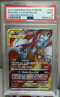 2019 POKEMON SUN & MOON UNBROKEN BONDS FULL ART/RESHIRAM & CHARIZARD GX PSA 9 - Image 1