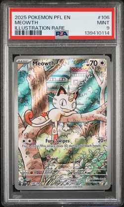 2025 POKEMON PFL EN-PHANTASMAL FLAMES ILLUSTRATION RARE #106 MEOWTH PSA 9 - Image 1