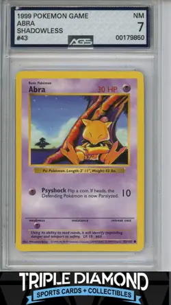 1999 Pokemon Game Shadowless #43 Abra AGS 7 NM F958 - Image 1