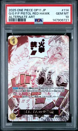 2025 ONE PIECE OP11 JPN ALT ART #114 GUM-GUM FIRE-FIST PISTOL RED HAWK PSA 10 - Image 1