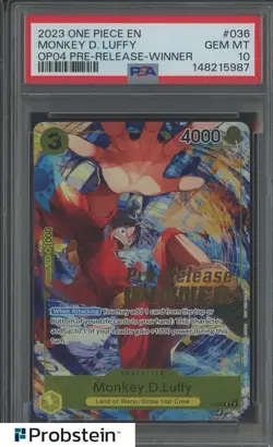 2023 One Piece EN OP04 Pre-release Winner #036 Monkey D. Luffy PSA 10 GEM MINT - Image 1