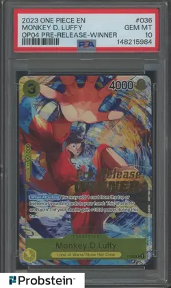 2023 One Piece EN OP04 Pre-release Winner #036 Monkey D. Luffy PSA 10 GEM MINT - Image 1
